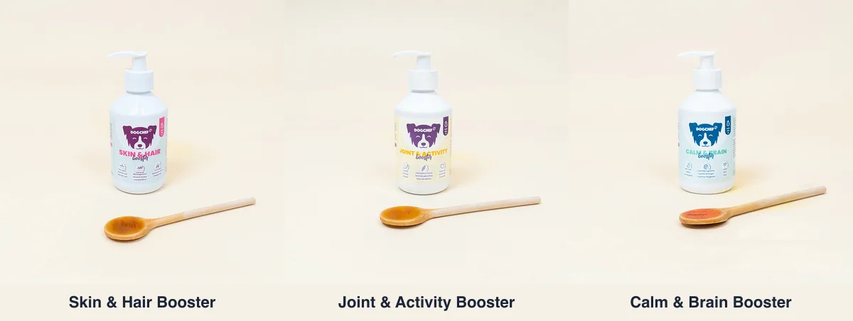 Trois flacons de compléments Dog Chef : Skin & Hair Booster, Joint & Activity Booster, Calm & Brain Booster