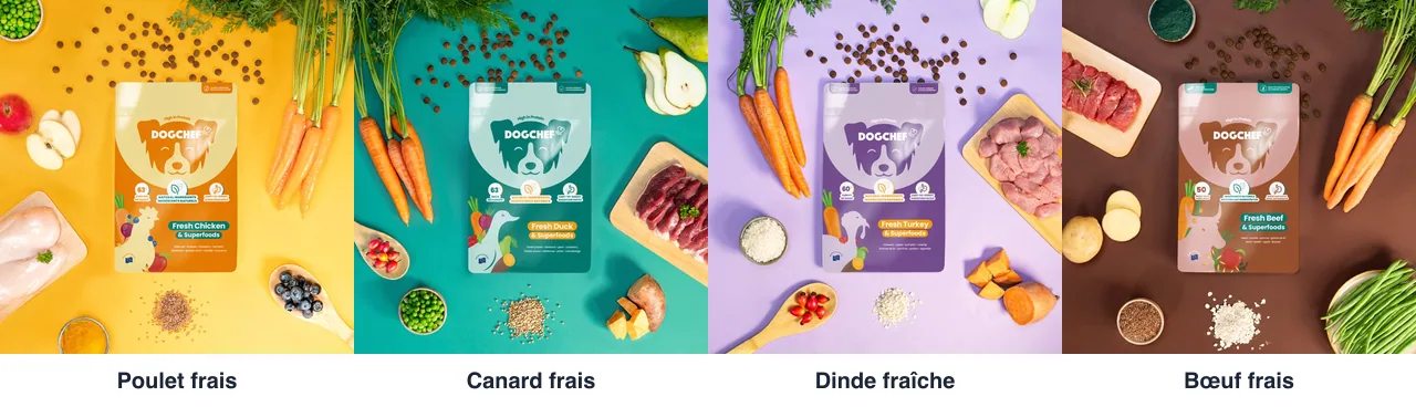 Les quatre sachets de croquettes Dog Chef : poulet frais, canard frais, dinde fraîche, bœuf frais
