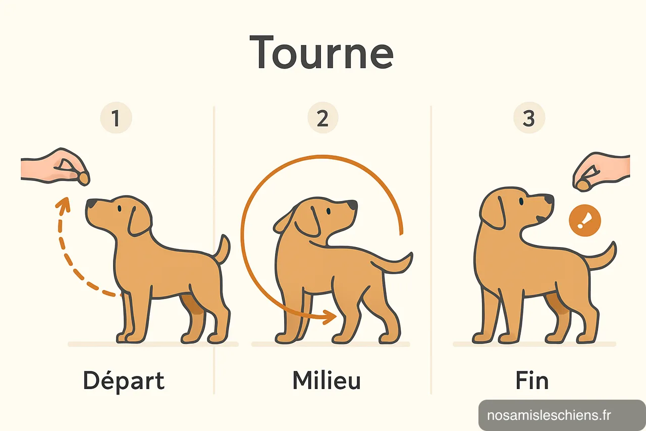 Schéma en trois vignettes montrant la trajectoire de la friandise pour apprendre le tour au chien