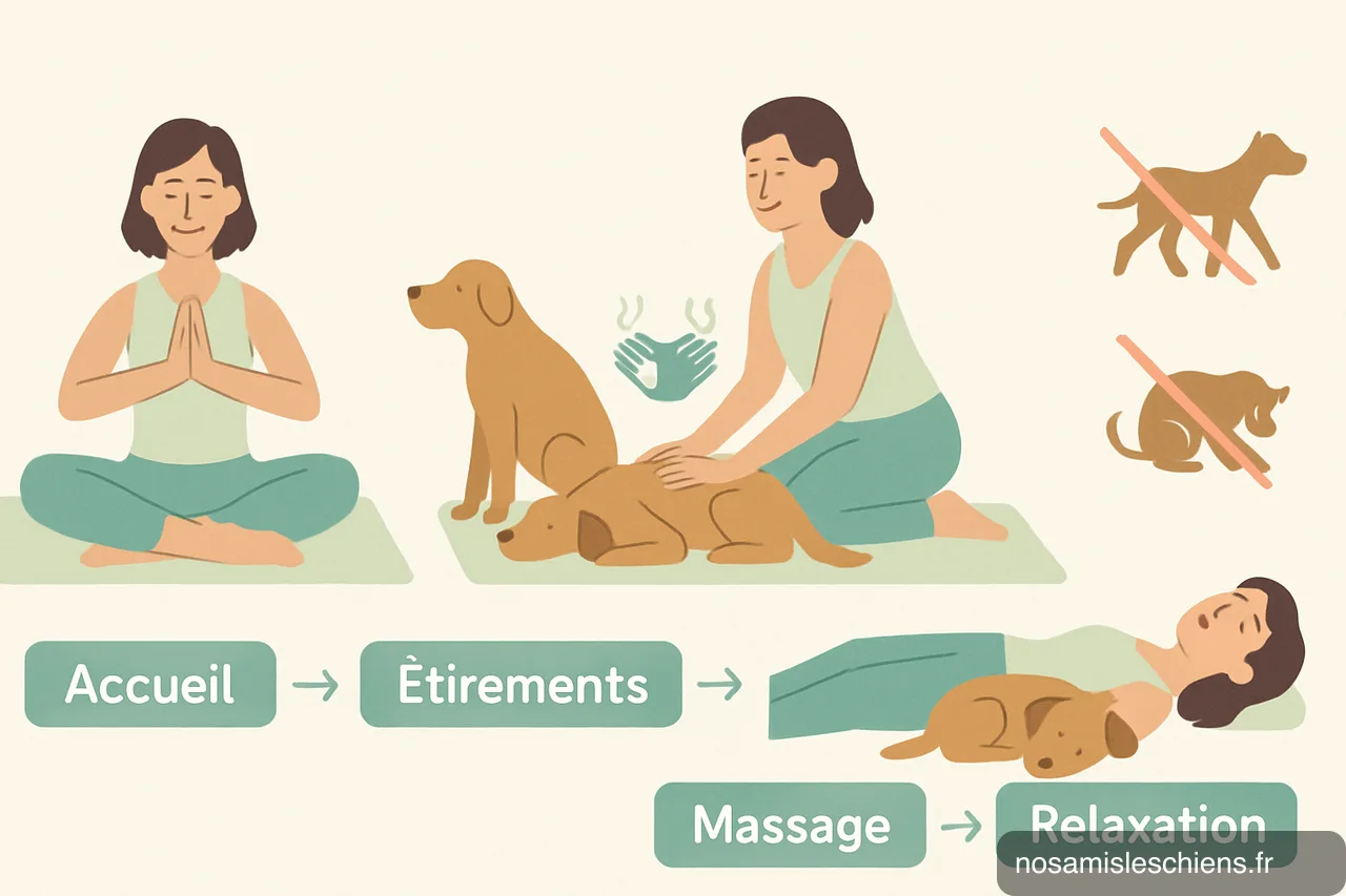 Schéma en 4 étapes d'une séance de Doga avec pictogrammes et signaux d'inconfort