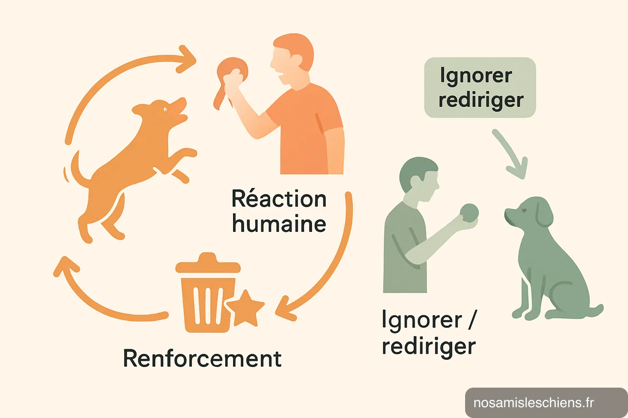 Schéma montrant la boucle comportement→réaction humaine→renforcement et une alternative d'ignorer/rediriger vers calme