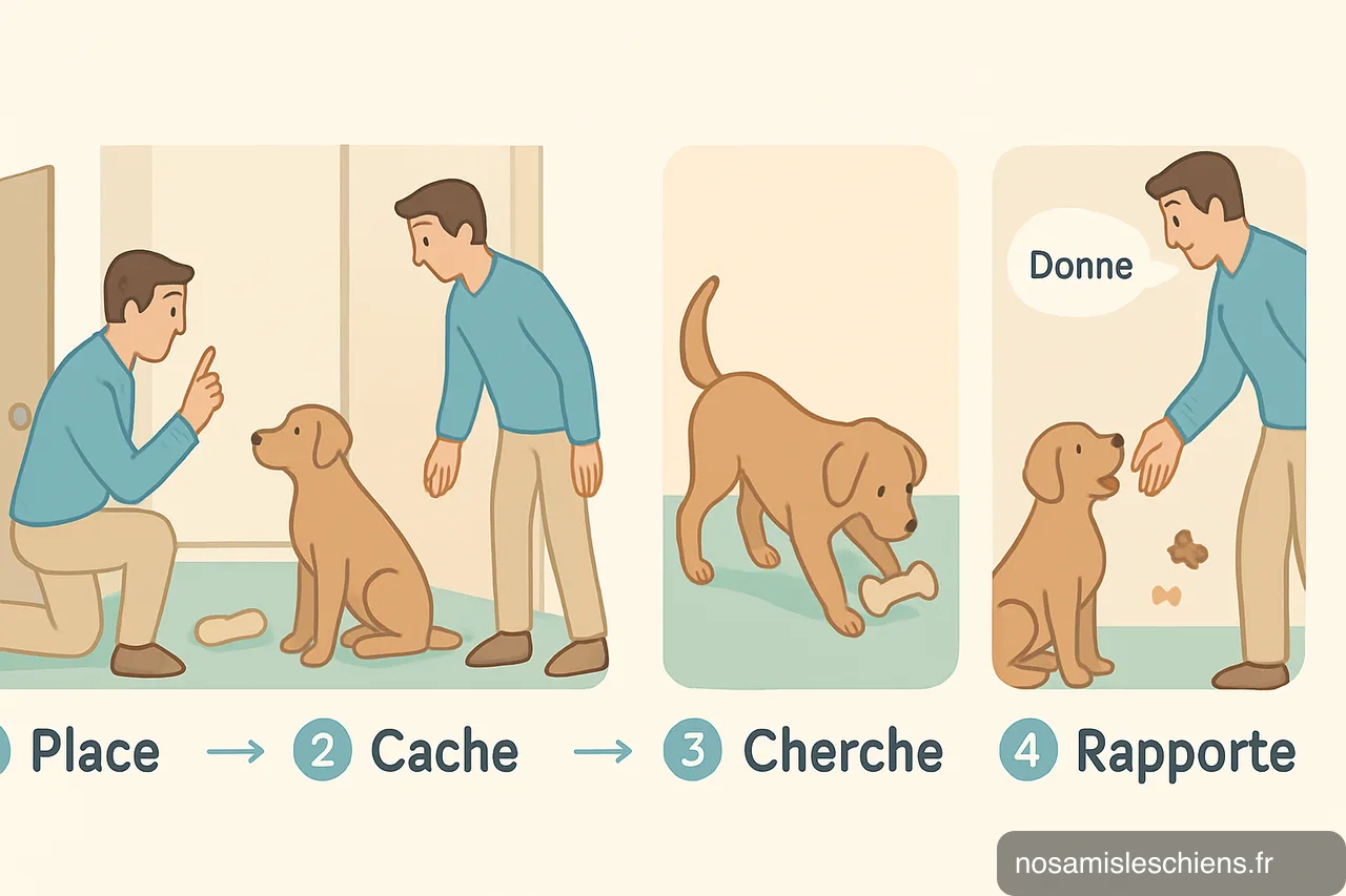 Schéma en 4 étapes montrant comment apprendre au chien à chercher et rapporter un objet.