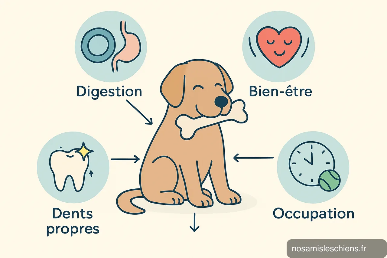Schéma montrant un chien mâchant et flèches vers digestion, bien-être, dents propres, occupation