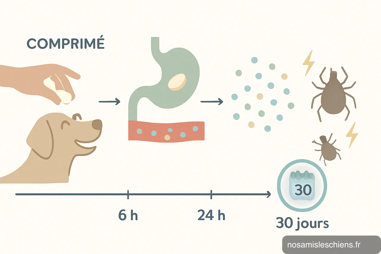 Schéma explicatif montrant comprimé, diffusion sanguine et élimination puce/tiques en 6h/24h puis protection 30 jours