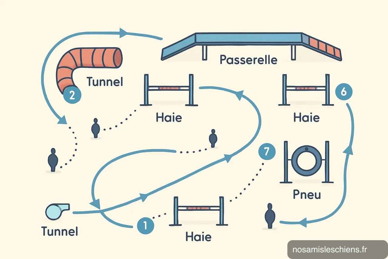 Schéma top-down d'un parcours d'agility avec 10 obstacles numérotés et flèches indiquant la trajectoire