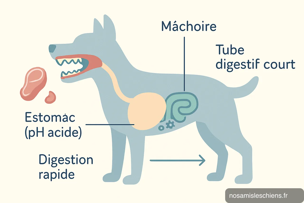 Schéma vectoriel d'un chien en coupe montrant mâchoire, estomac acide et tube digestif court