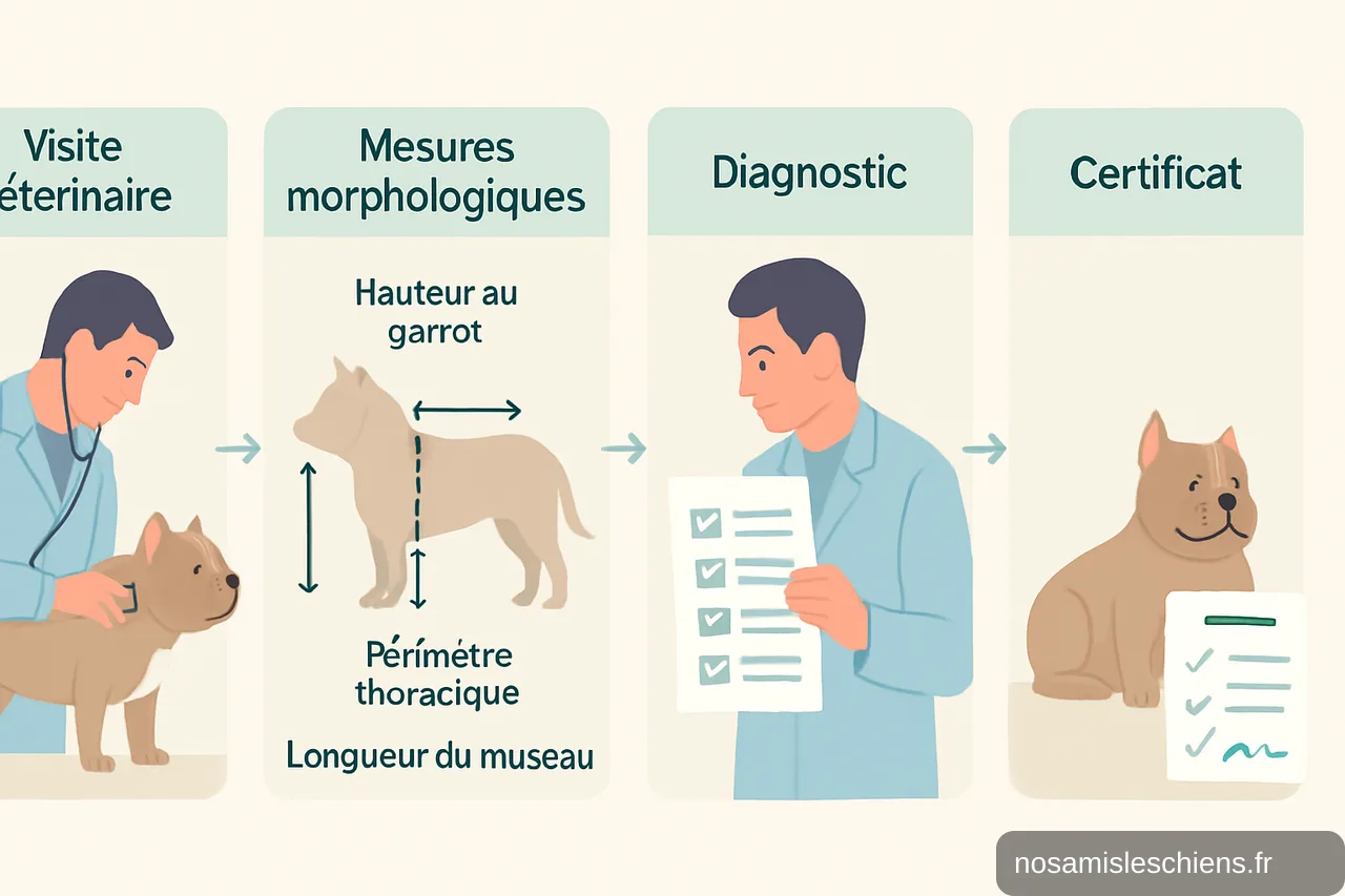 Schéma en 4 étapes montrant la visite vétérinaire, la prise de mesures, le diagnostic et la délivrance du certificat.