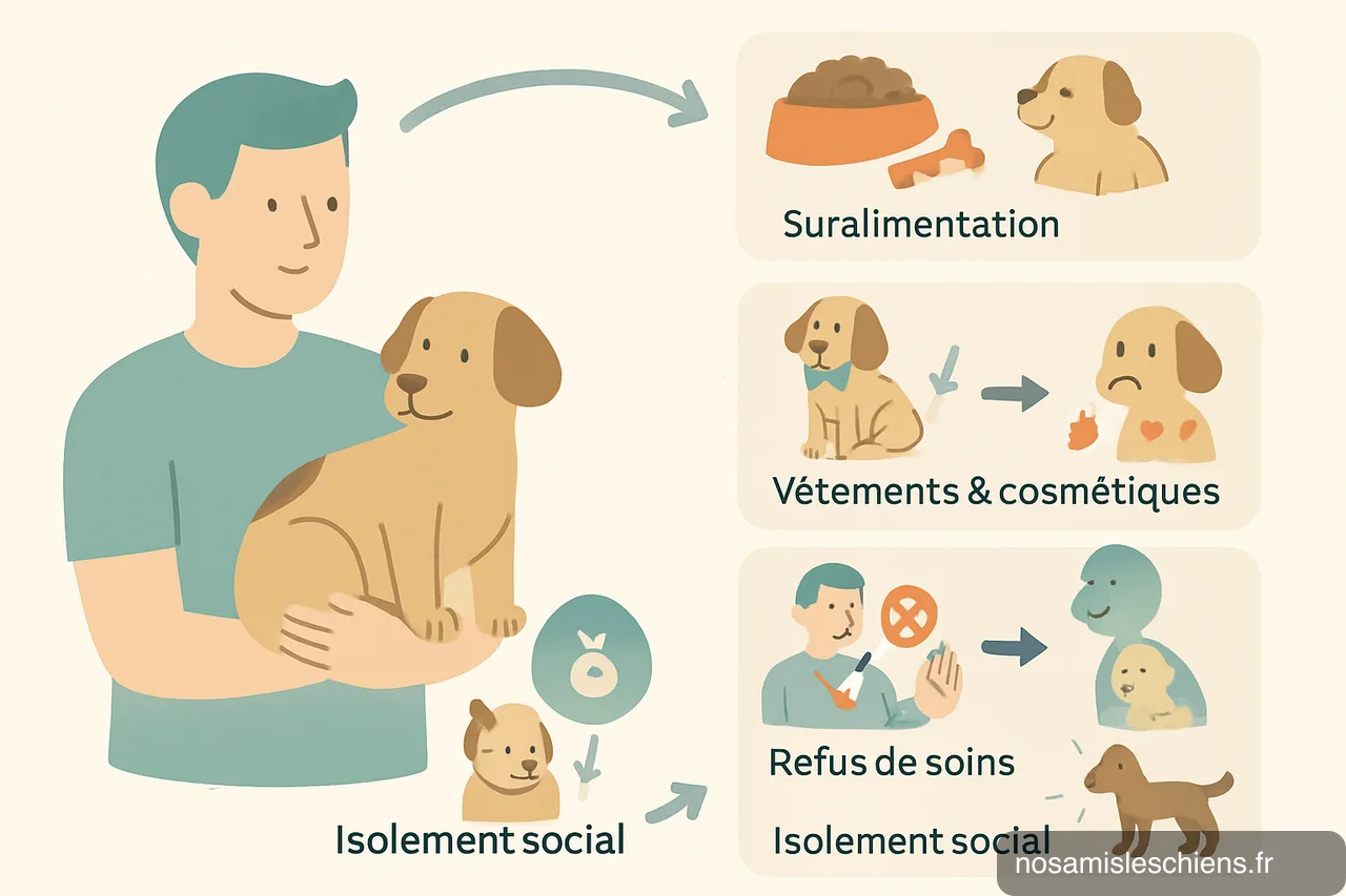 Schéma montrant comment des comportements anthropomorphiques (suralimentation, vêtements, refus de soins, isolement social) entraînent des conséquences sur le chien.