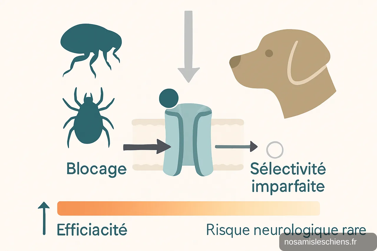 Schéma comparant le blocage des récepteurs GABA par les isoxazolines chez puces/tiques et chez le chien