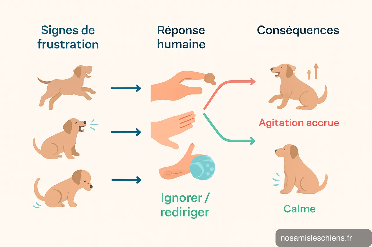 Schéma montrant signes de frustration, réponses humaines (céder vs ignorer/rediriger) et conséquences