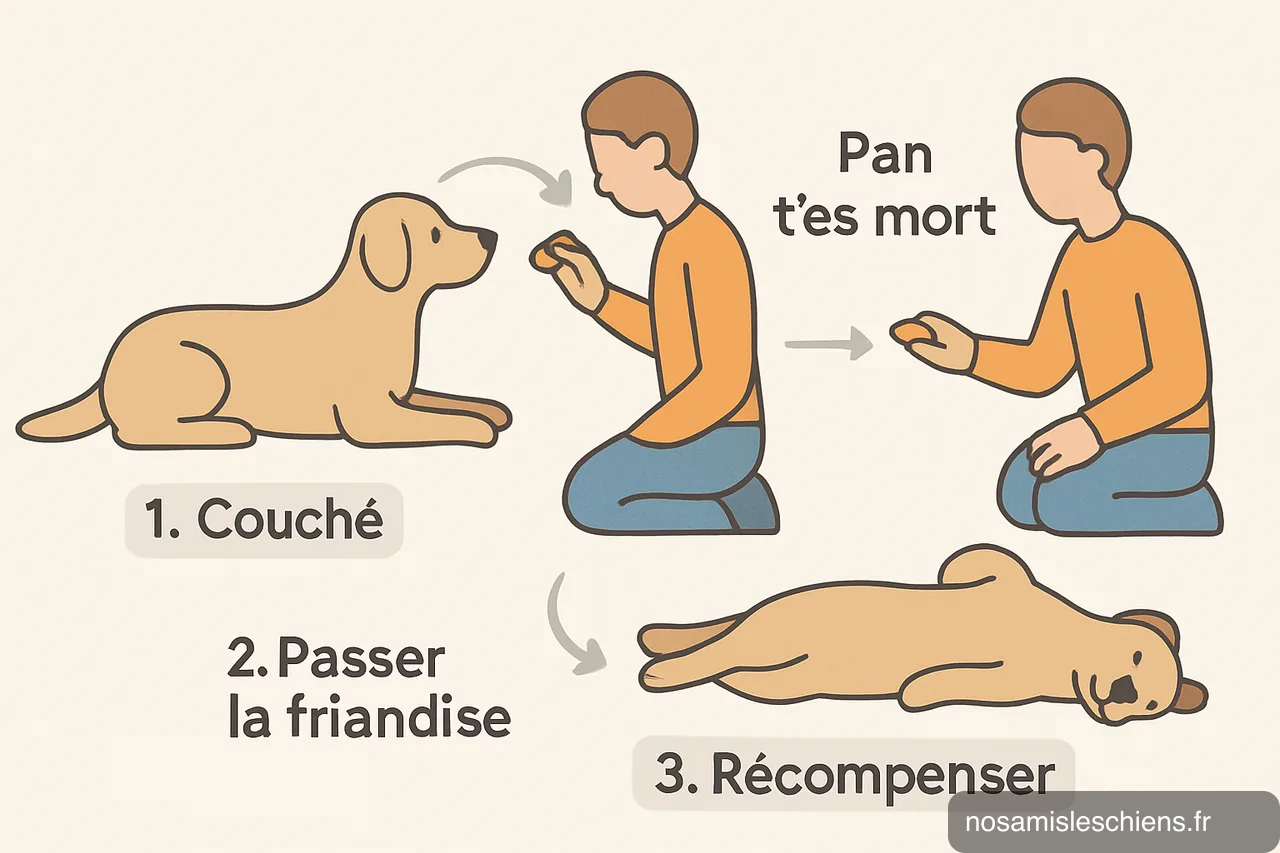 Schéma en trois étapes montrant un chien couché, la friandise passée derrière la nuque et le chien allongé sur le côté
