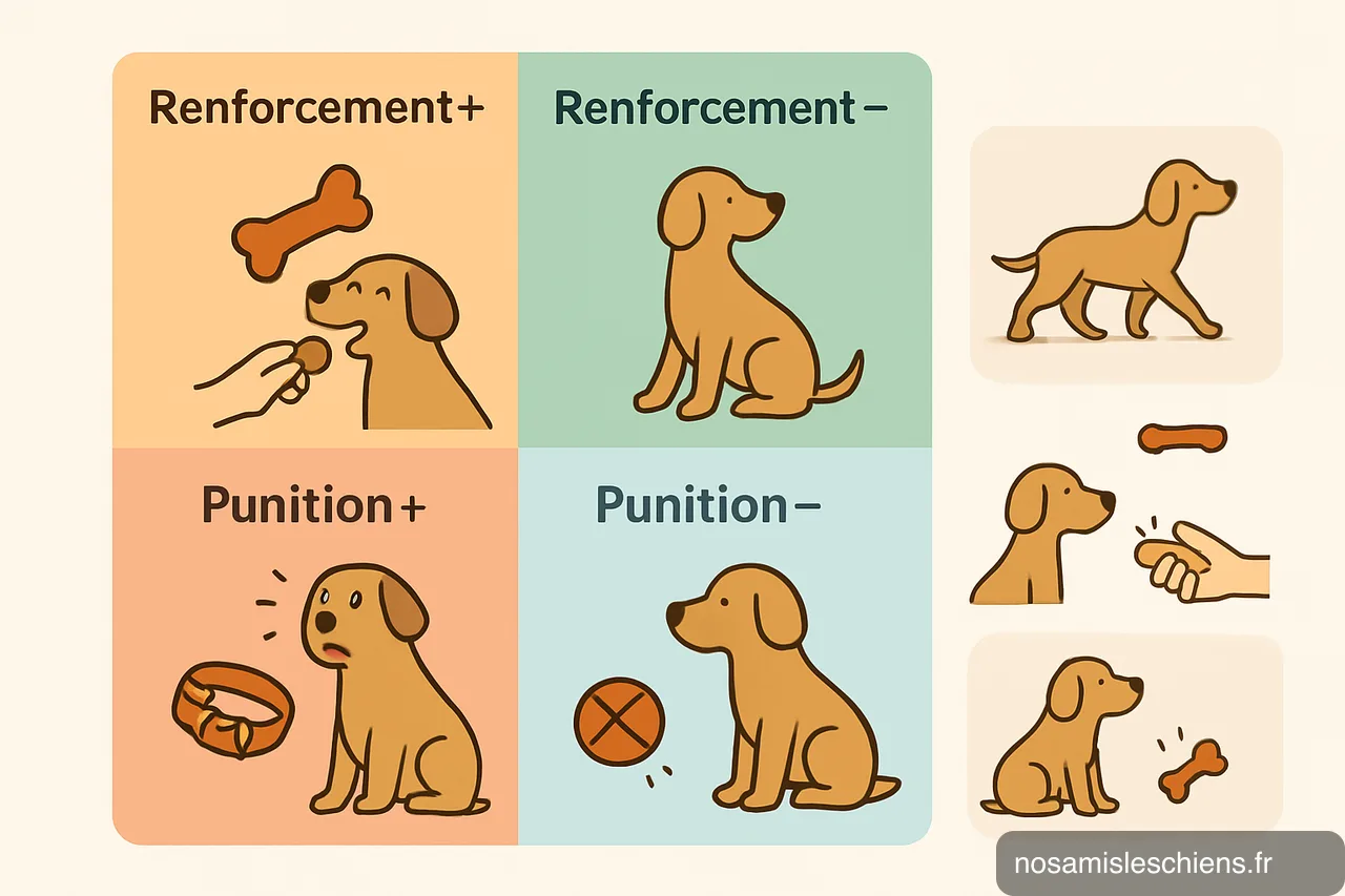 Schéma en quadrants montrant renforcement/punition positif/négatif avec exemples et inset sur clicker/ façonnage.