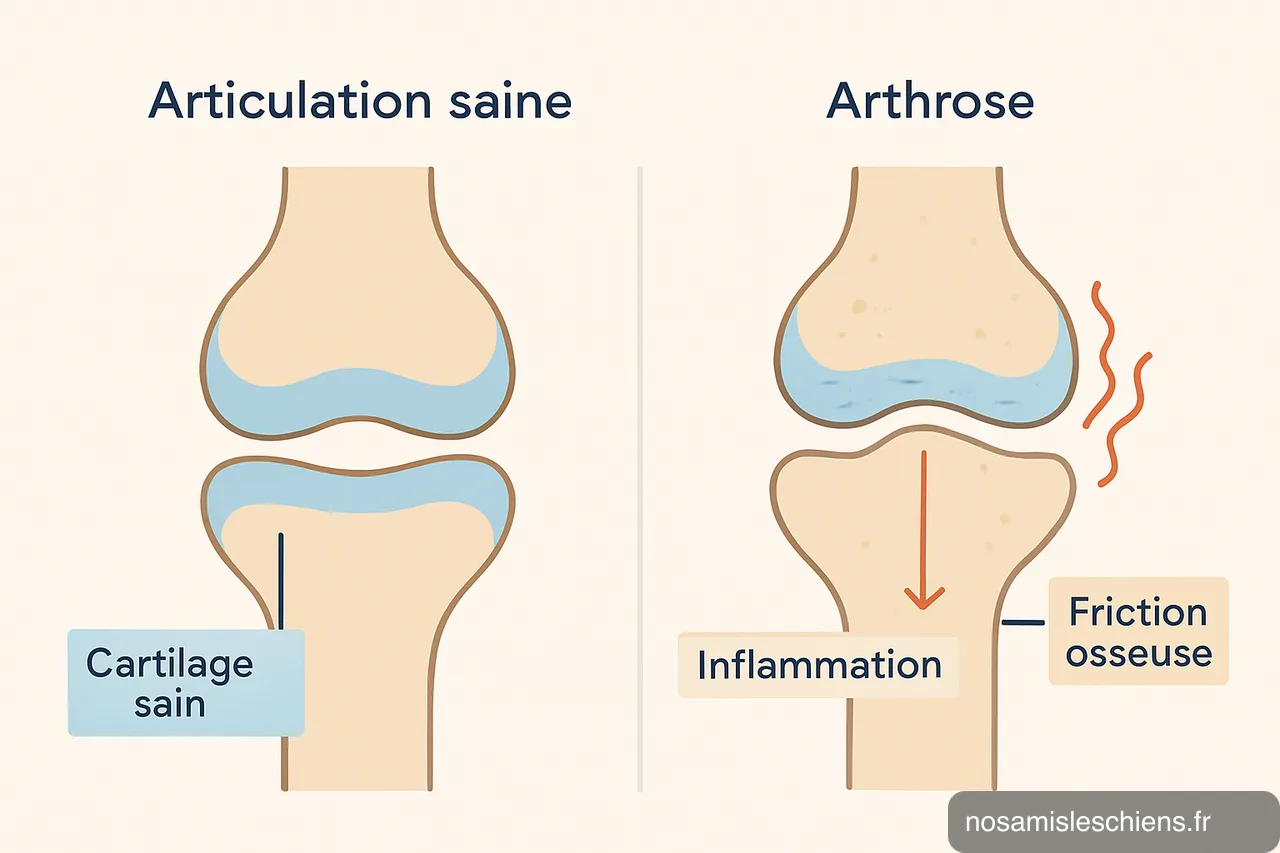Schéma comparatif d'une articulation saine et d'une articulation atteinte d'arthrose montrant cartilage usé et inflammation.