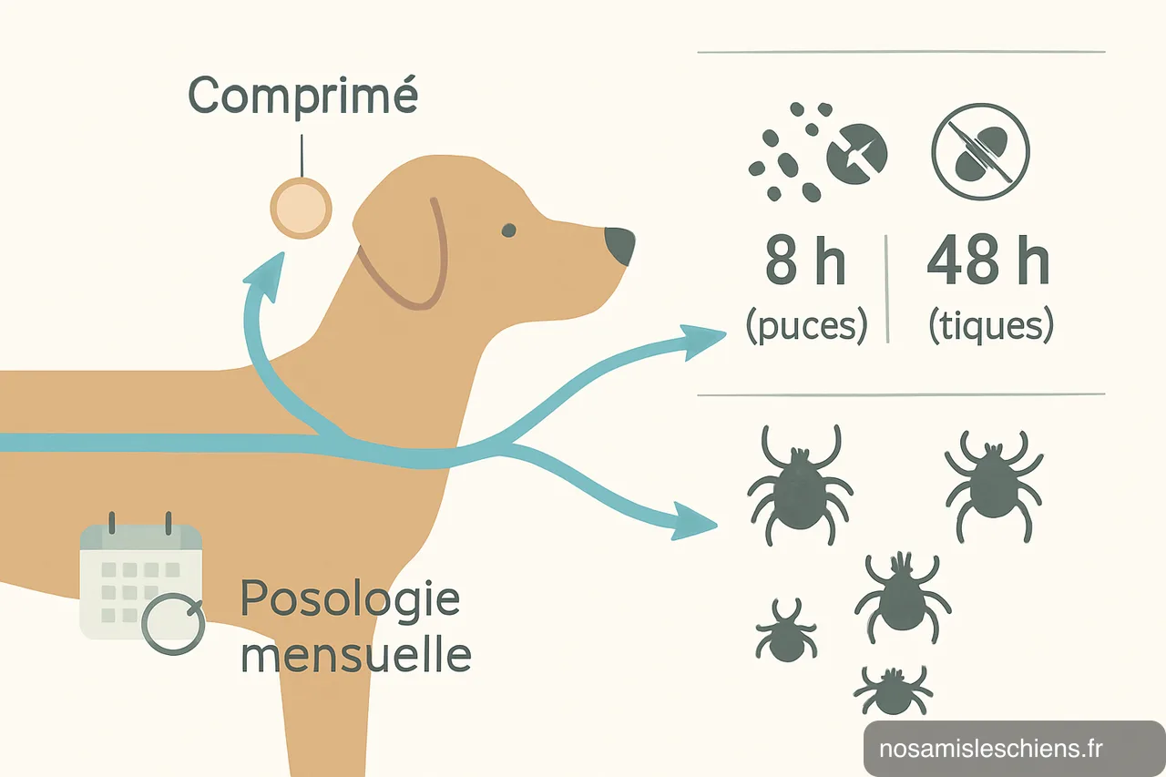 Schéma expliquant l'action systémique de Frontpro : comprimé, diffusion sanguine, élimination des puces en 8 h et des tiques en 48 h, et posologie mensuelle.