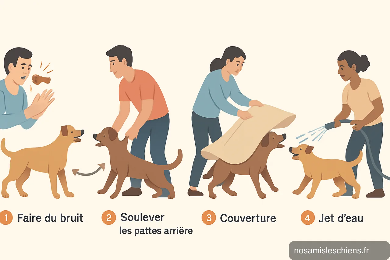 Quatre vignettes pédagogiques montrant bruit, soulèvement des pattes arrière, couverture et jet d'eau pour séparer deux chiens.