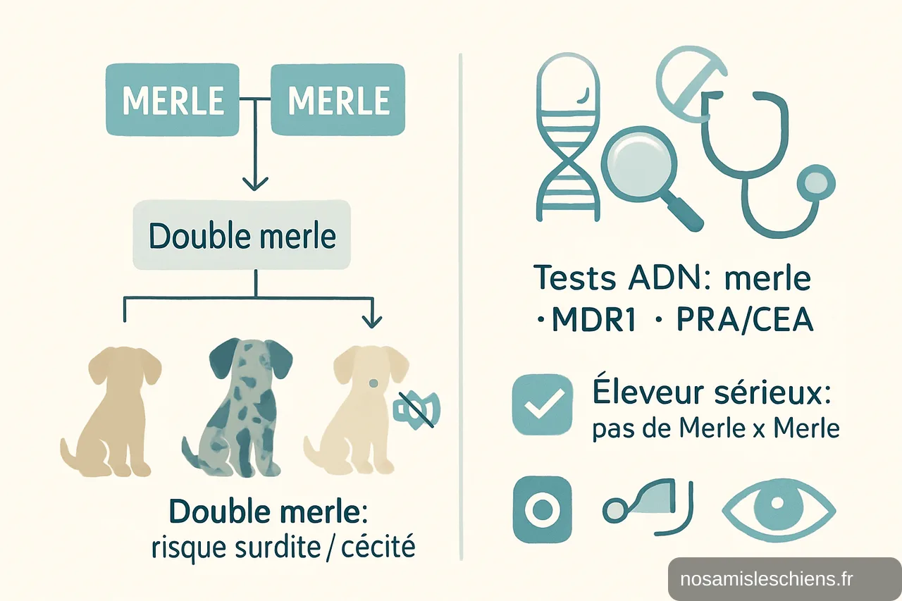 Schéma vectoriel montrant un croisement merle × merle générant un double merle à risque et une checklist des tests ADN et vétérinaires recommandés.