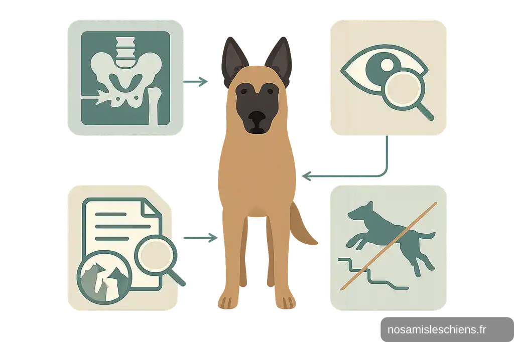 Infographie montrant quatre vérifications sanitaires pour le Malinois : radiographies hanches, examen ophtalmo, pedigree/épilepsie, limiter sport jeune