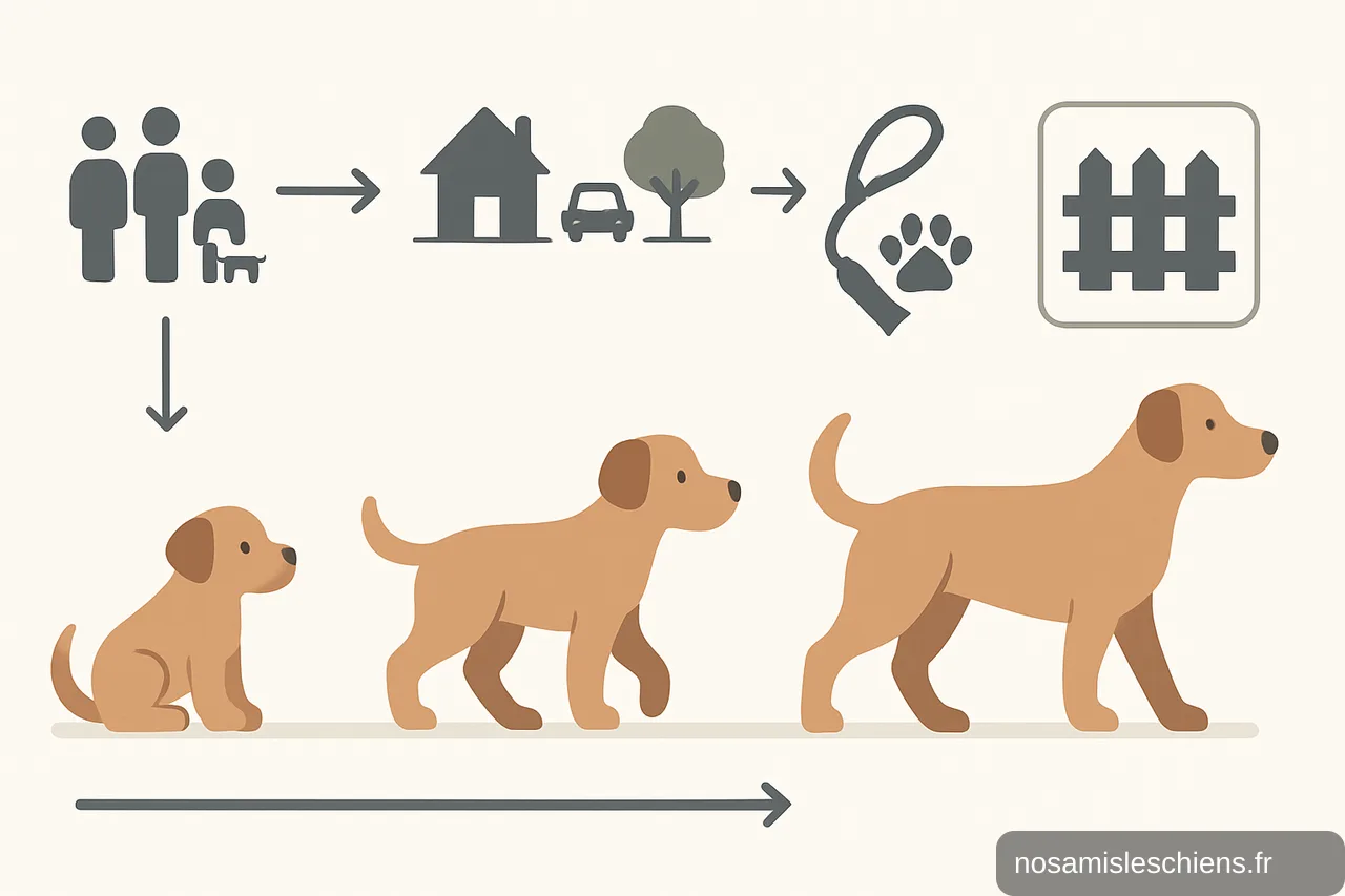 Frise pédagogique montrant étapes de socialisation et priorités d'éducation du chiot au chien adulte