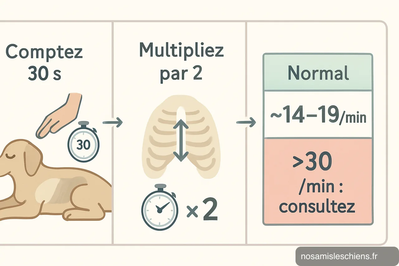 Schéma en 3 panneaux montrant comment compter la fréquence respiratoire au repos : compter 30 s, multiplier par 2, comparer au seuil
