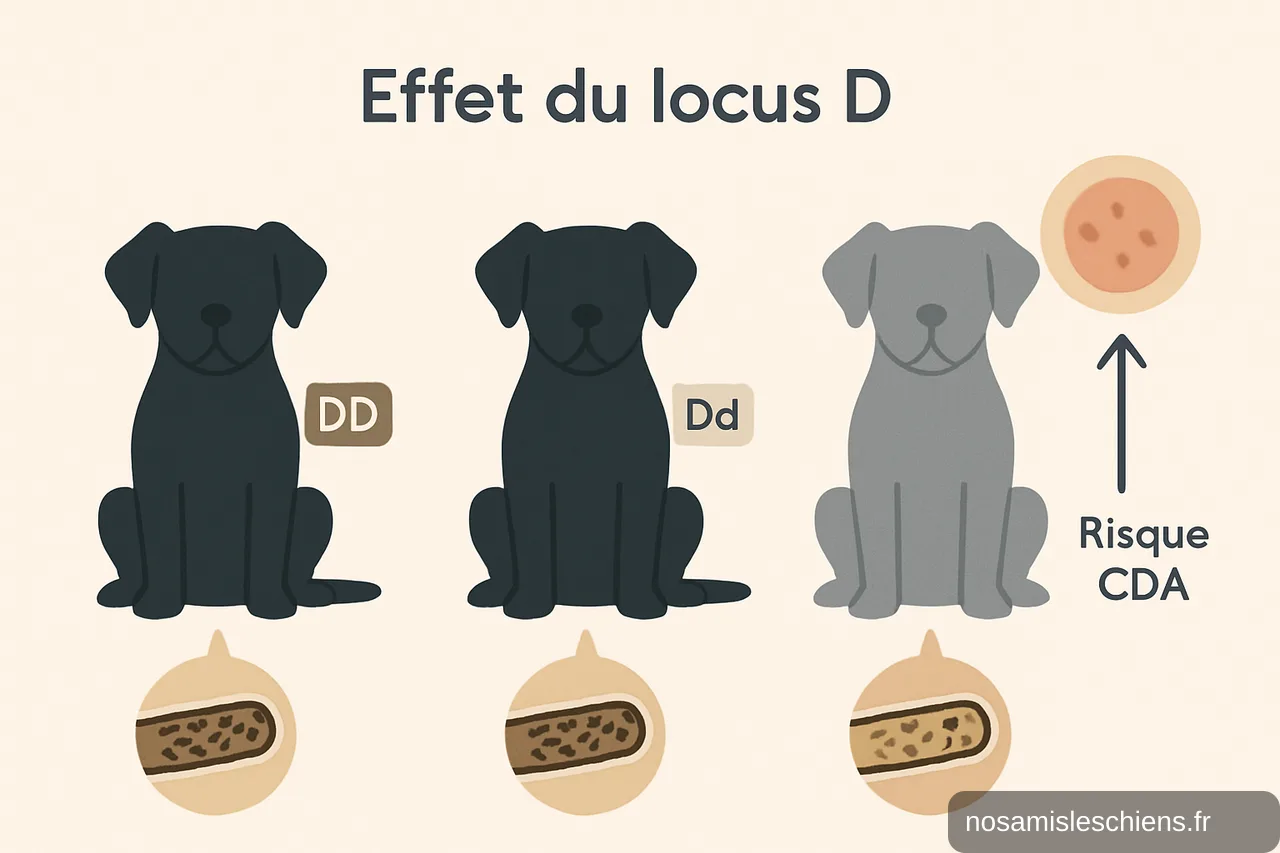Schéma montrant genotypes DD, Dd, dd avec chiens noir/noir/gris, coupes de poils et flèche vers risque CDA pour dd.