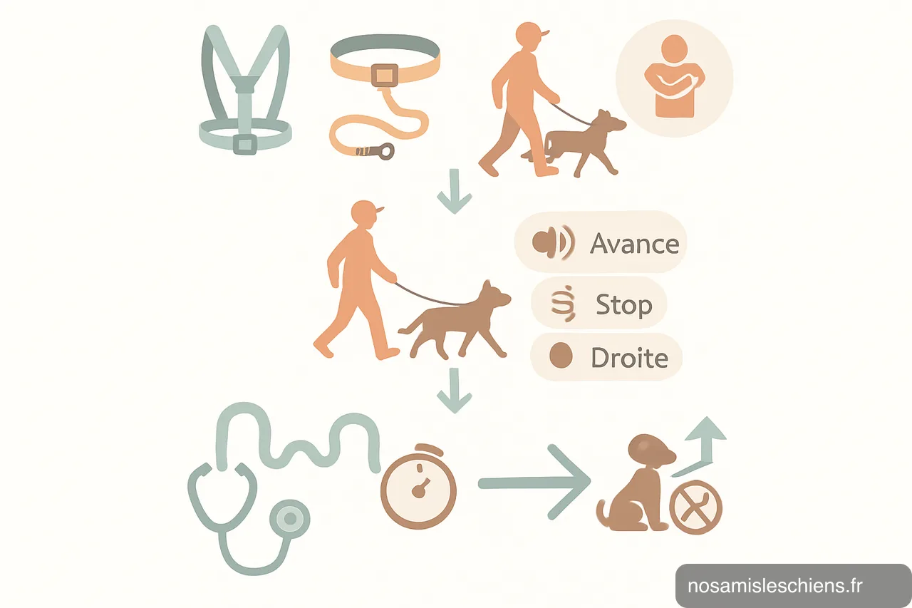 Schéma en 5 étapes pour débuter le canicross : équipement, échauffement, ordres, progression, santé