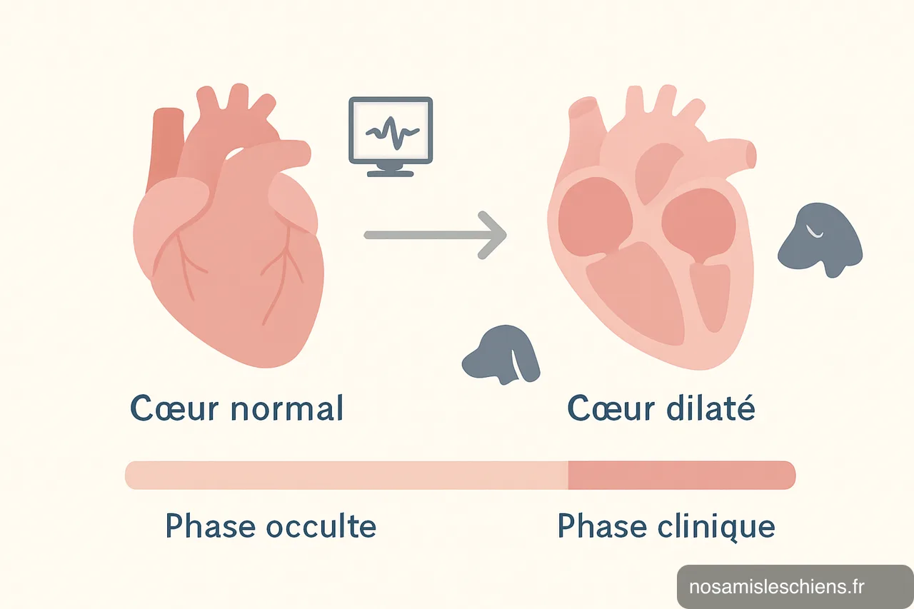 Schéma comparant un cœur normal et un cœur dilaté avec frise montrant phase occulte puis phase clinique.