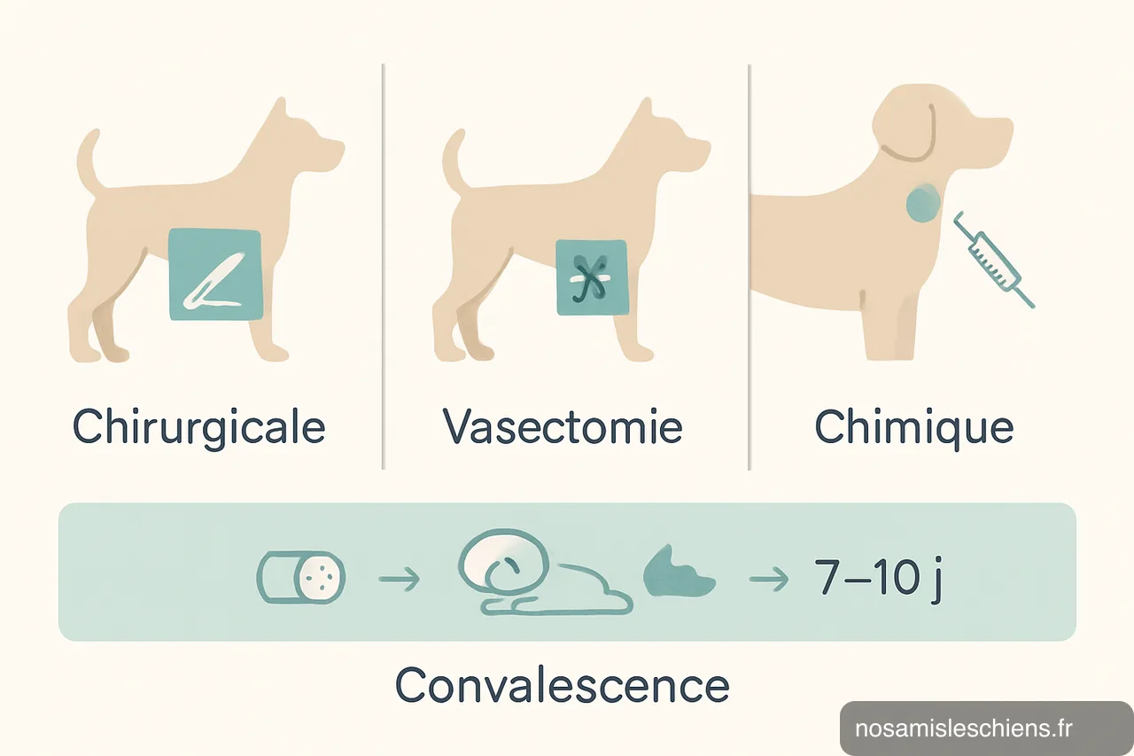 Schéma comparatif des trois types de castration et timeline de convalescence