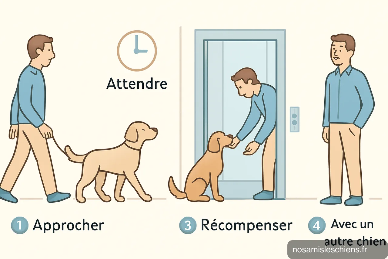 Quatre vignettes vectorielles montrant les étapes : approcher, attendre, récompenser, avec un autre chien dans l'ascenseur.