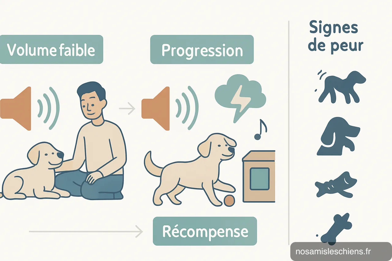 Schéma en 3 étapes de désensibilisation au bruit d'orage avec pictogrammes des signes de peur