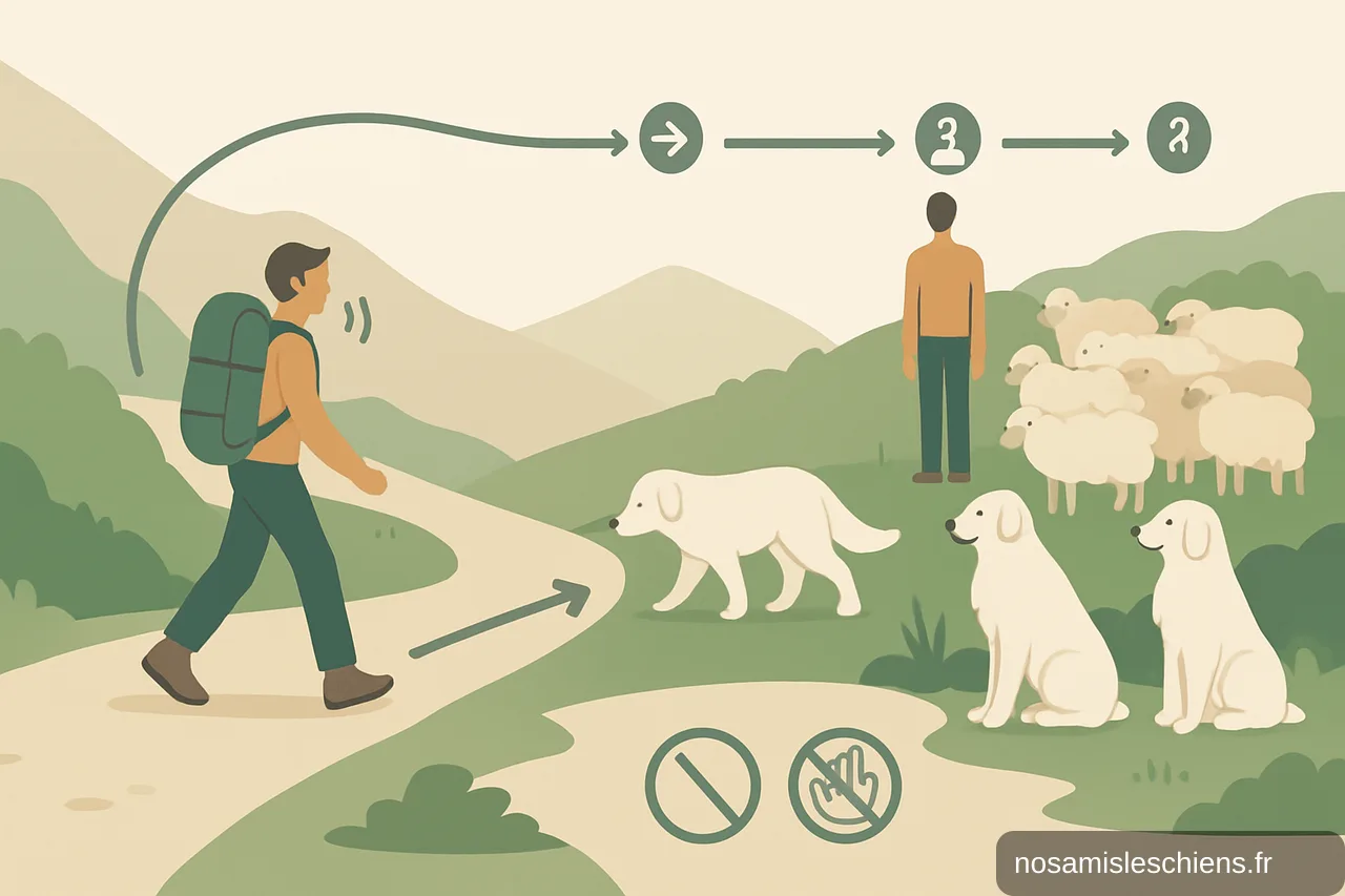 Schéma pas à pas montrant comment contourner un troupeau et réagir face à un patou