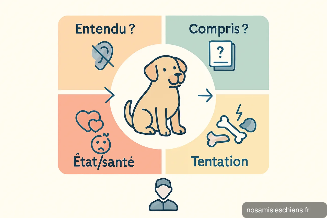Schéma circulaire montrant un chien au centre et 4 secteurs indiquant Entendu ?, Compris ?, Tentation, État/santé