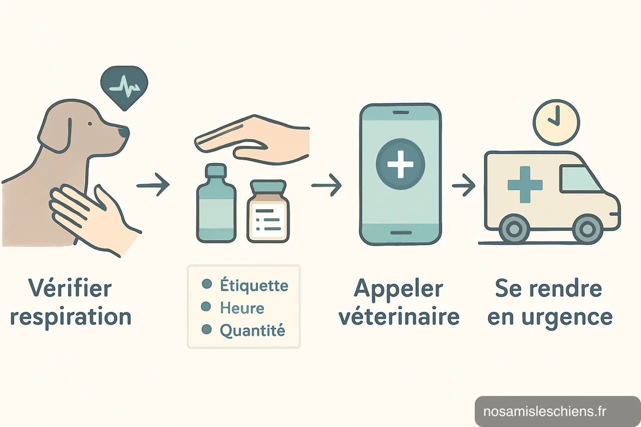 Schéma en 4 étapes montrant vérifier la respiration, éloigner et conserver le poison, appeler le vétérinaire, et se rendre en urgence