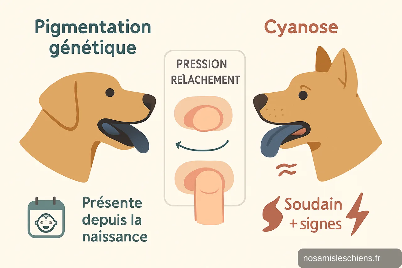 Schéma comparatif montrant langue pigmentée stable vs langue bleue par cyanose et test de pression des gencives