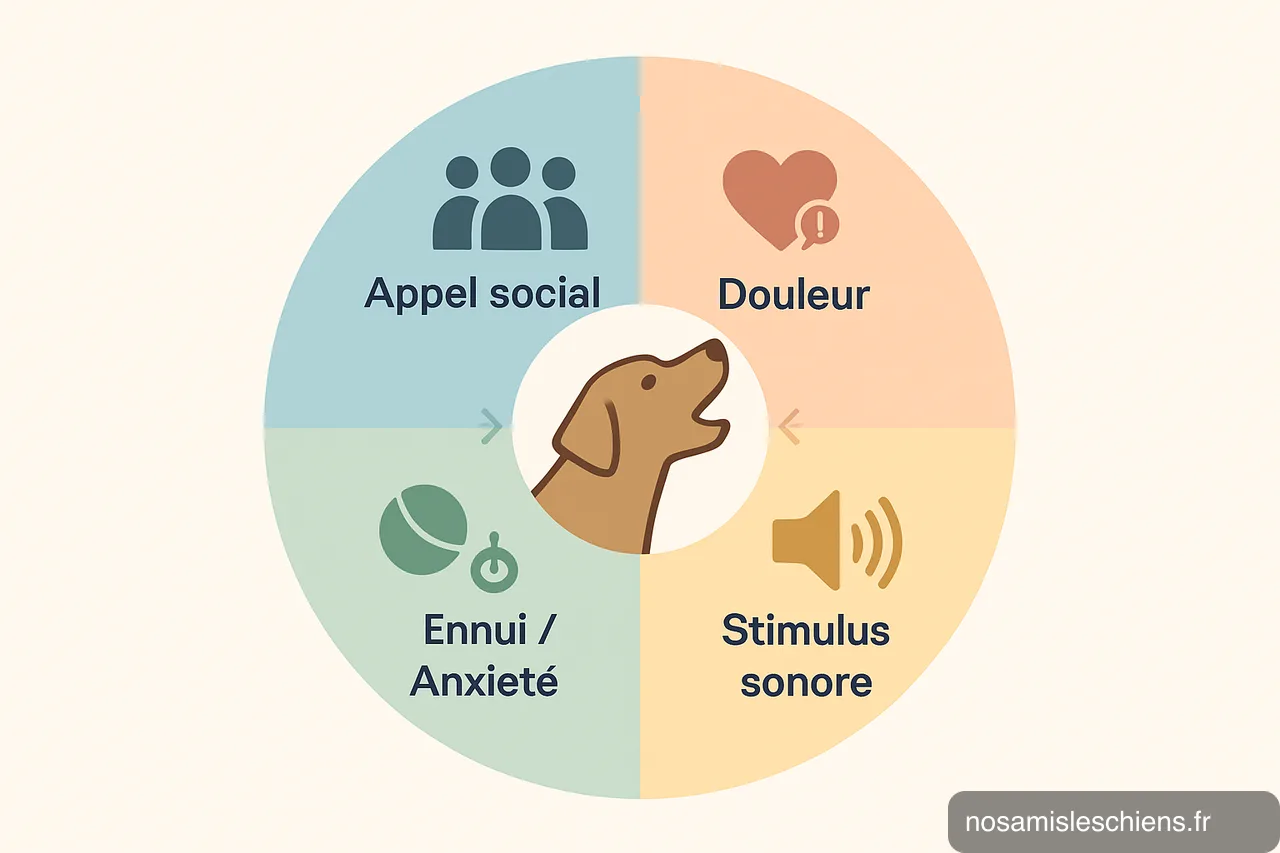 Schéma circulaire montrant un chien au centre et quatre causes de hurlements en quartiers : appel social, douleur, ennui/anxiété, stimulus sonore.