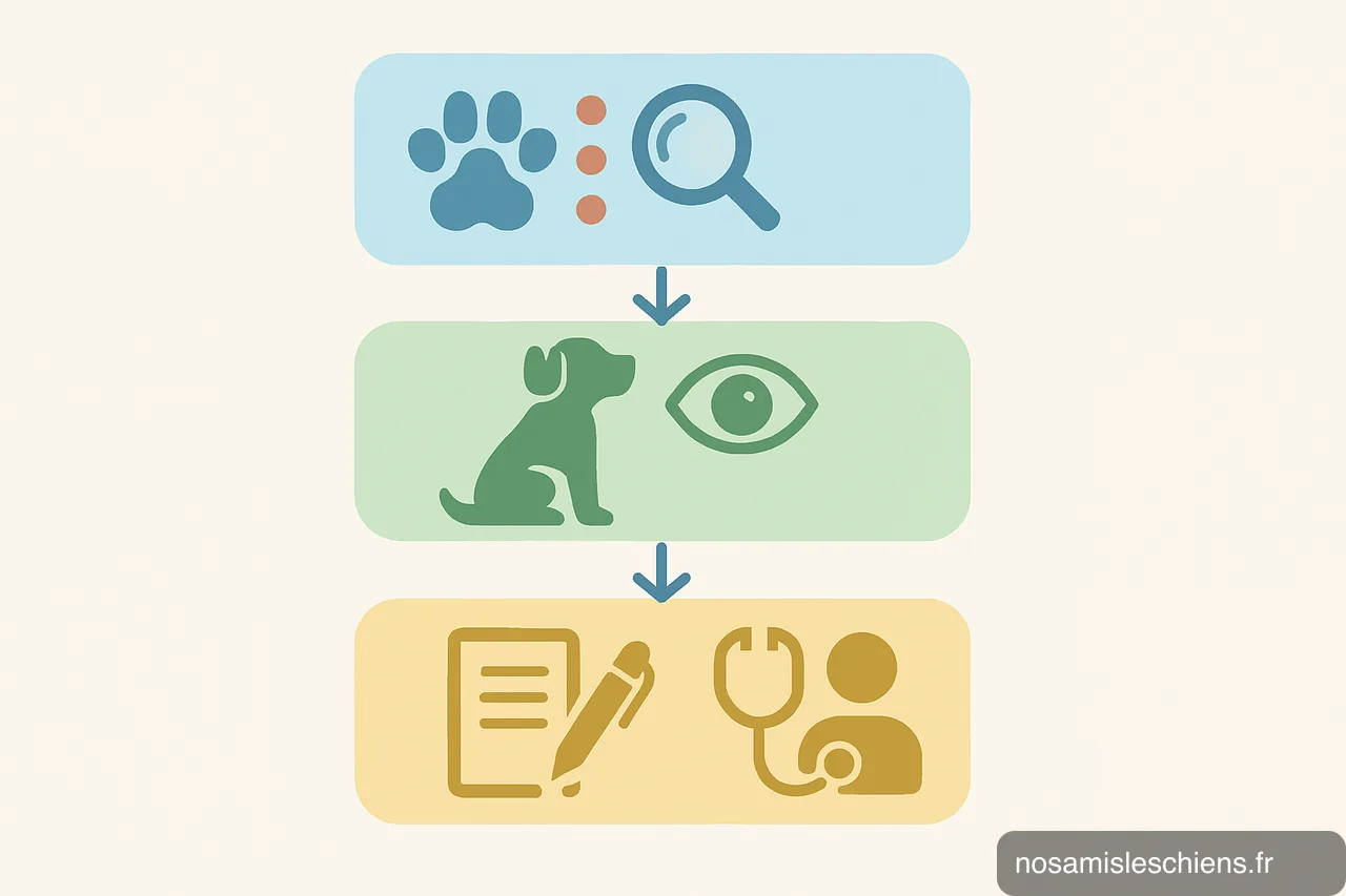 Schéma en quatre étapes pour identifier l'origine du léchage : inspecter, observer, noter et consulter