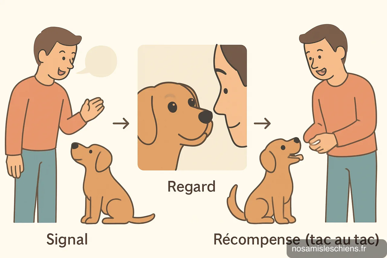 Schéma en trois étapes montrant signal, regard et récompense immédiate pour entraîner la concentration du chien.