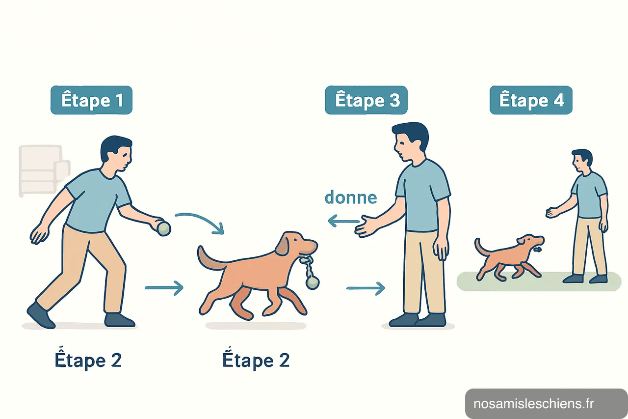 Schéma en 4 vignettes montrant les étapes pour apprendre à rapporter : lancer, prise, retour et remise, puis progression en extérieur.