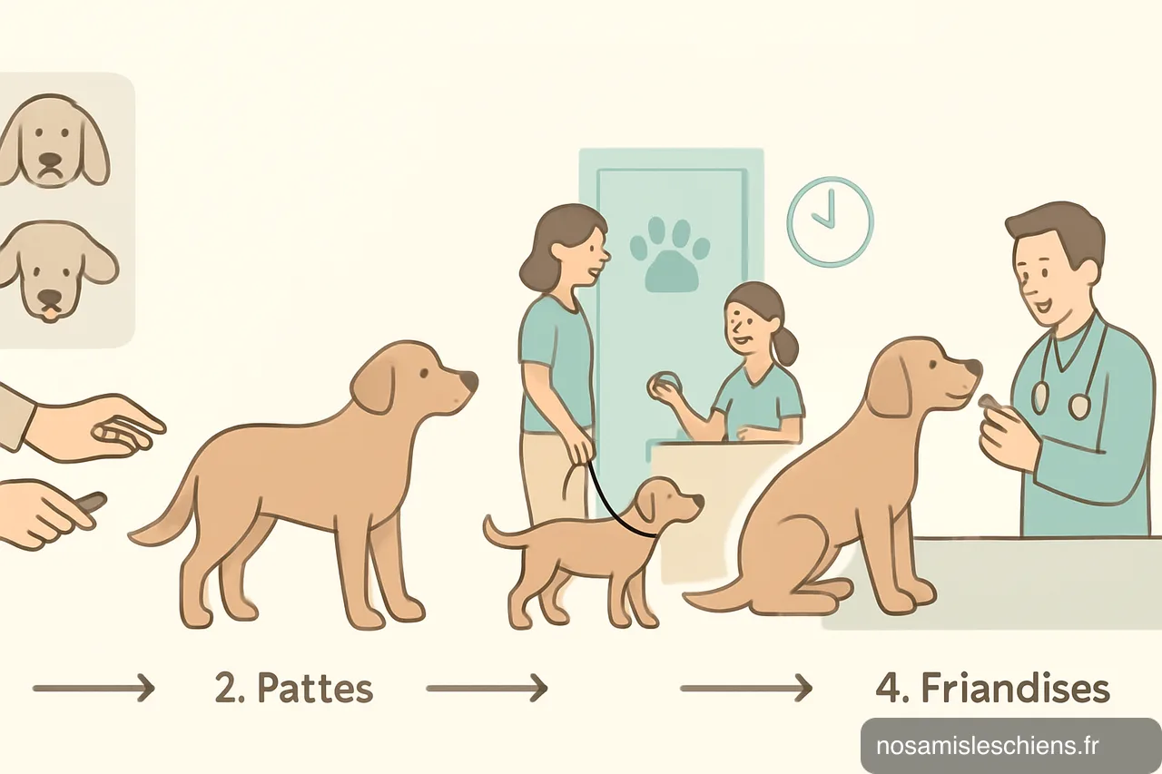 Schéma en 4 vignettes montrant la progression de la désensibilisation du chien chez le vétérinaire.