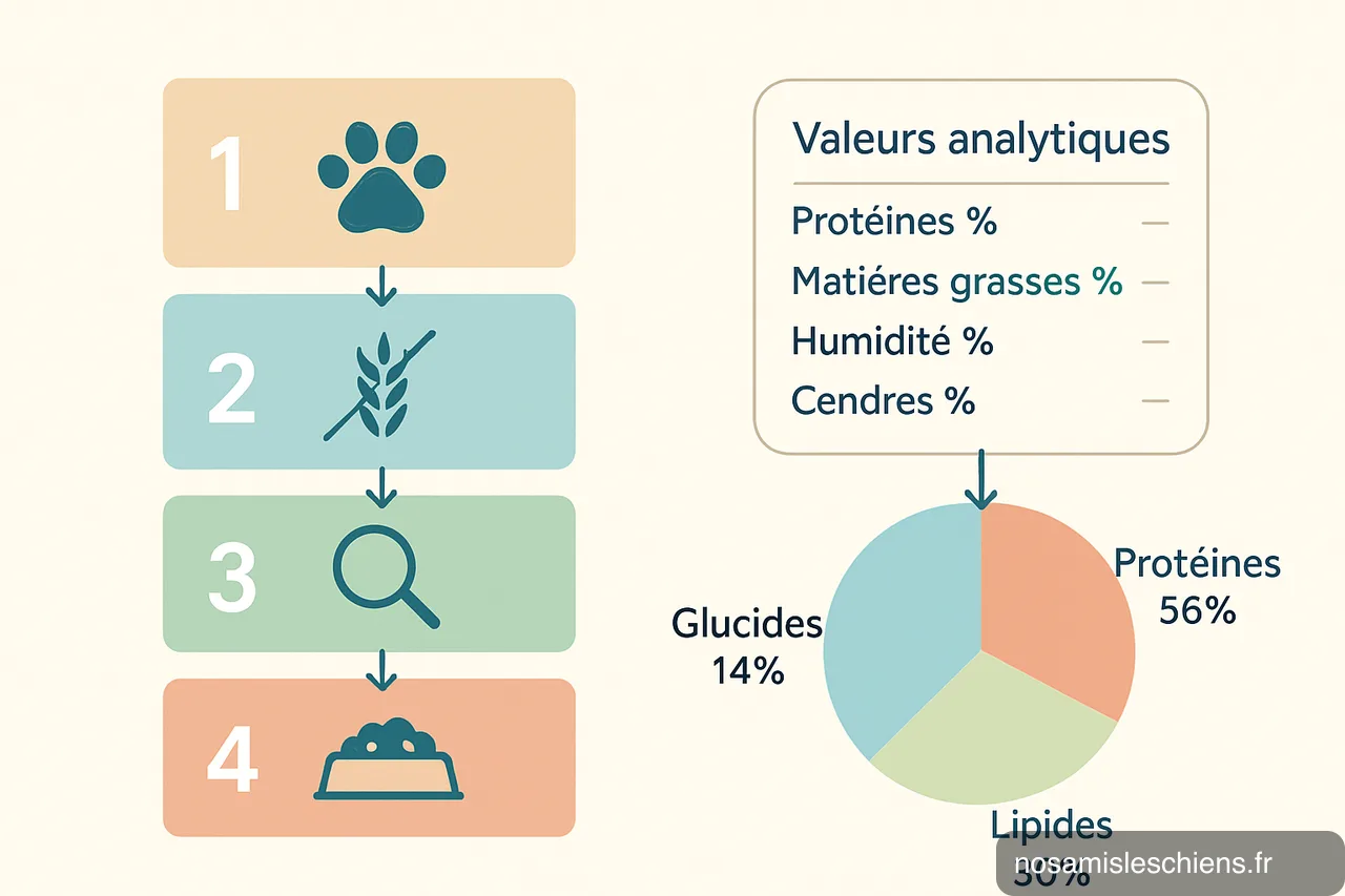 Schéma pédagogique montrant 5 règles en colonne et un calcul simplifié menant à un diagramme cible de répartition protéines/glucides/lipides.