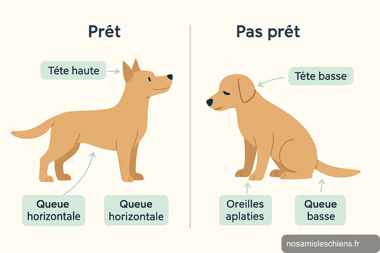 Schéma comparatif montrant signes corporels d'un chien prêt (tête haute, oreilles dressées, queue horizontale) versus pas prêt