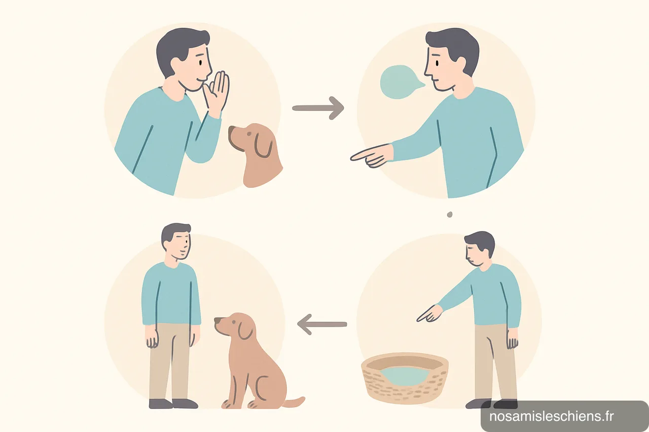 Schéma en quatre étapes montrant comment donner un ordre : attirer l'attention, ordre court, intonation constante, geste cohérent.
