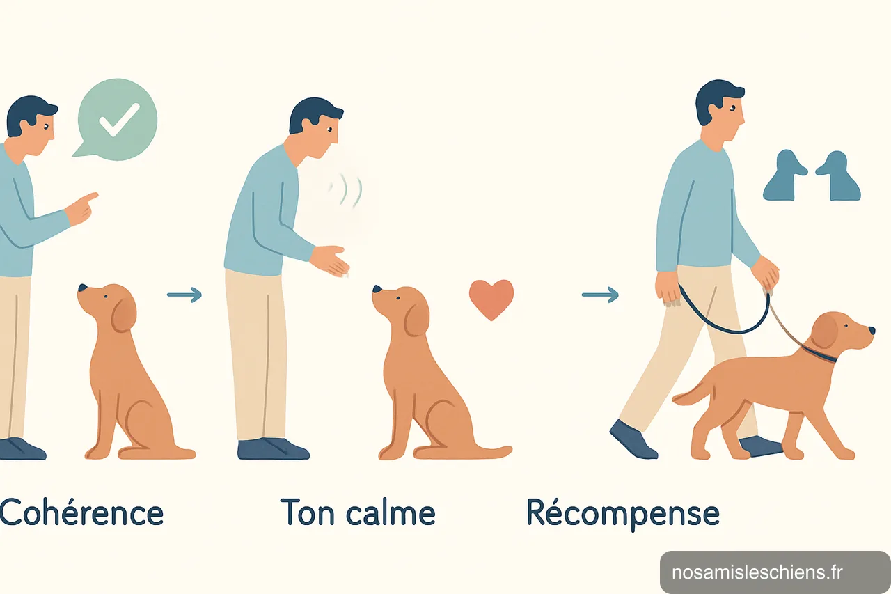 Schéma en 4 étapes montrant cohérence, ton calme, récompense et sociabilisation pour gagner la confiance du chien