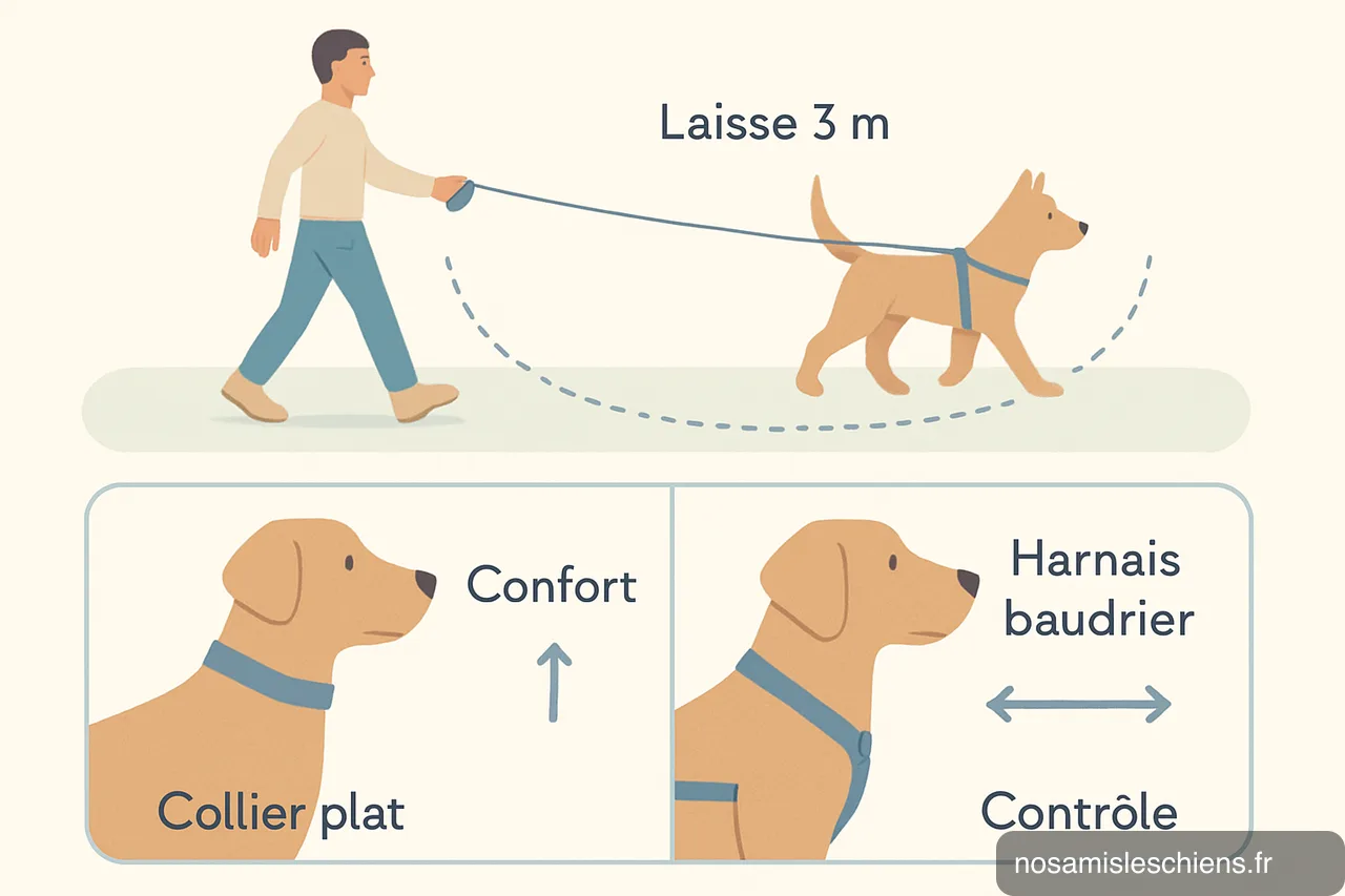 Schéma montrant un promeneur tenant une laisse de 3 m avec zone de liberté et comparaison collier plat vs harnais baudrier.
