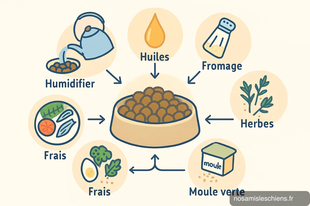 Schéma circulaire montrant six astuces illustrées autour d'une gamelle pour rendre les croquettes plus appétentes.