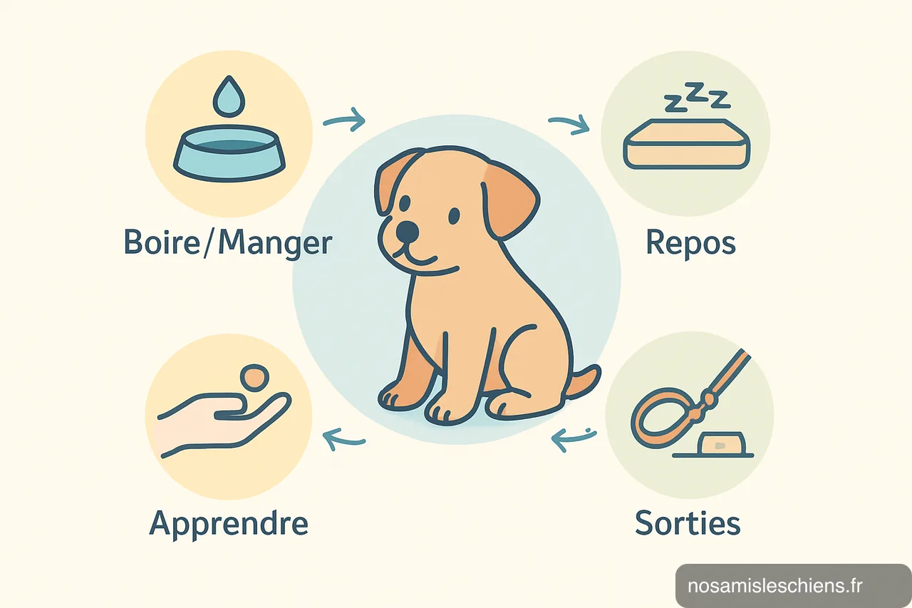Schéma vectoriel montrant un chiot entouré de pictogrammes: boire/manger, repos, apprendre, sorties