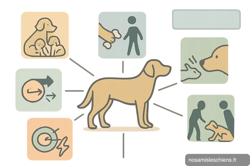 Schéma vectoriel montrant un chien central relié à six vignettes illustrant différents types d'agression