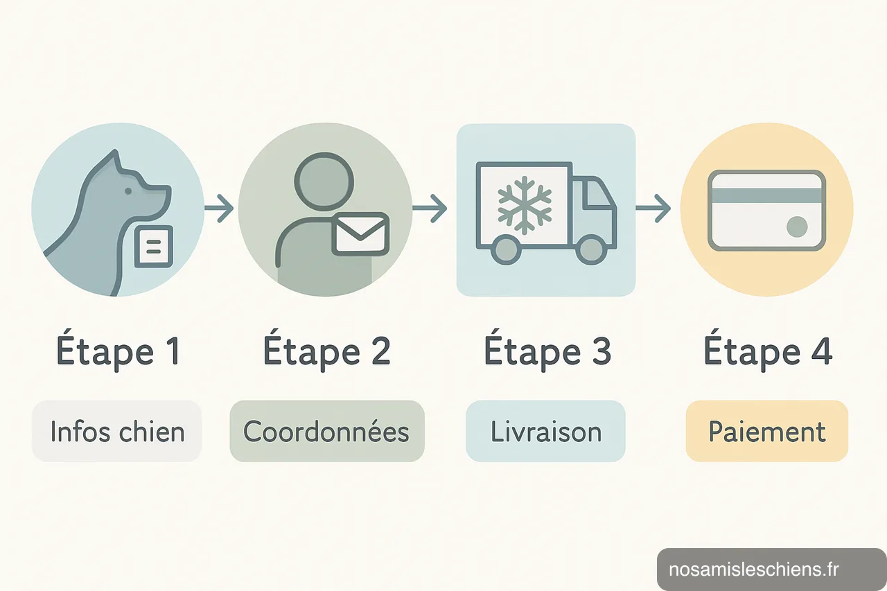 Schéma vectoriel des 4 étapes de commande Dog Chef : infos chien, coordonnées, livraison, paiement.