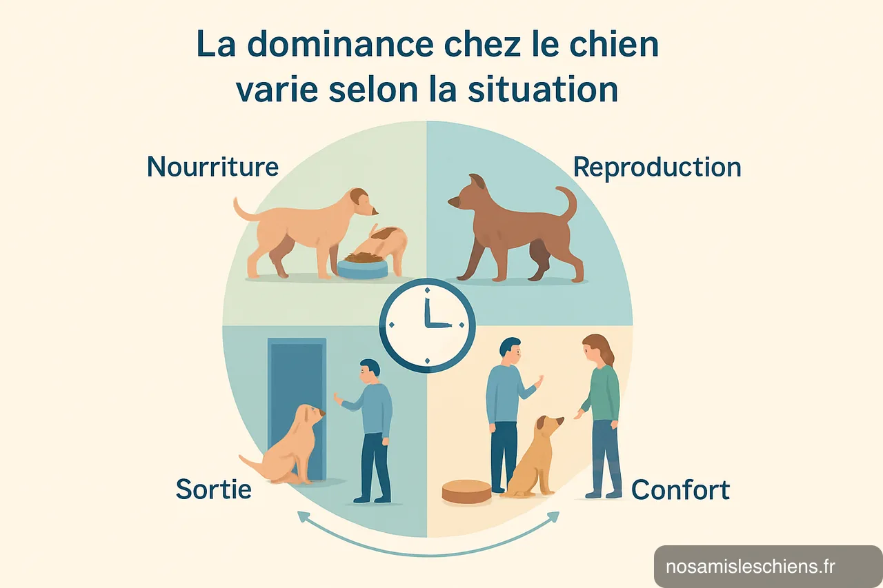 Schéma circulaire montrant quatre situations où la dominance canine varie : nourriture, reproduction, sortie, confort