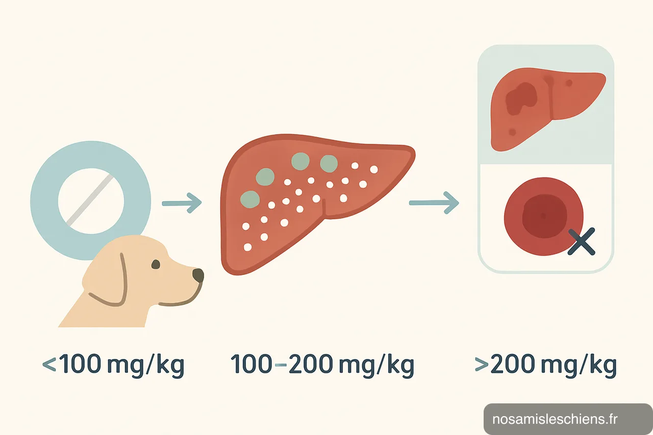 Schéma montrant accumulation dans le foie et détérioration du foie et des globules rouges selon la dose