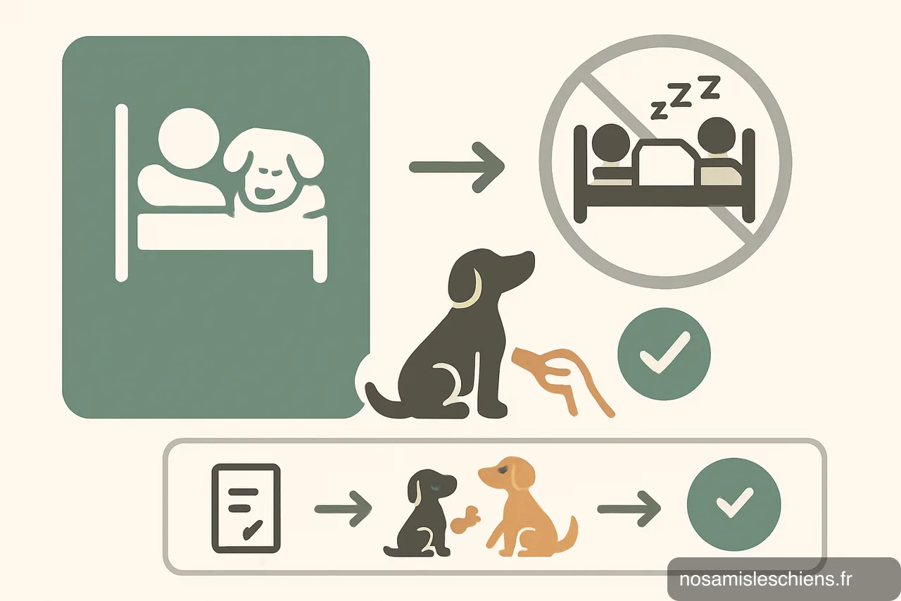 Schéma comparatif pictogrammes des pour et contre de dormir avec son chien et mini-guide en 3 étapes